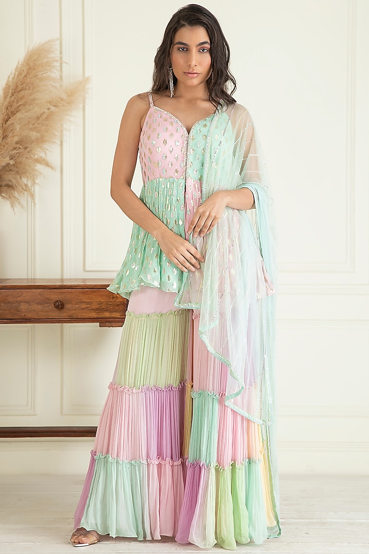 Pastel Multi-Colored Lurex Georgette Party Wear Sharara Set by Priyanka Jain at Pernia's Pop Up Shop