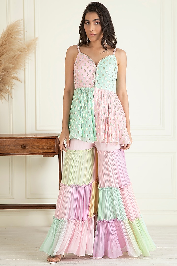 Pastel Multi-Colored Lurex Georgette Party Wear Sharara Set by Priyanka Jain at Pernia's Pop Up Shop