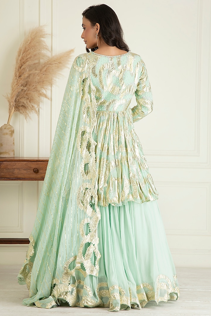 Aquamarine Lurex Georgette Wedding Lehenga Set by Priyanka Jain at Pernia's Pop Up Shop