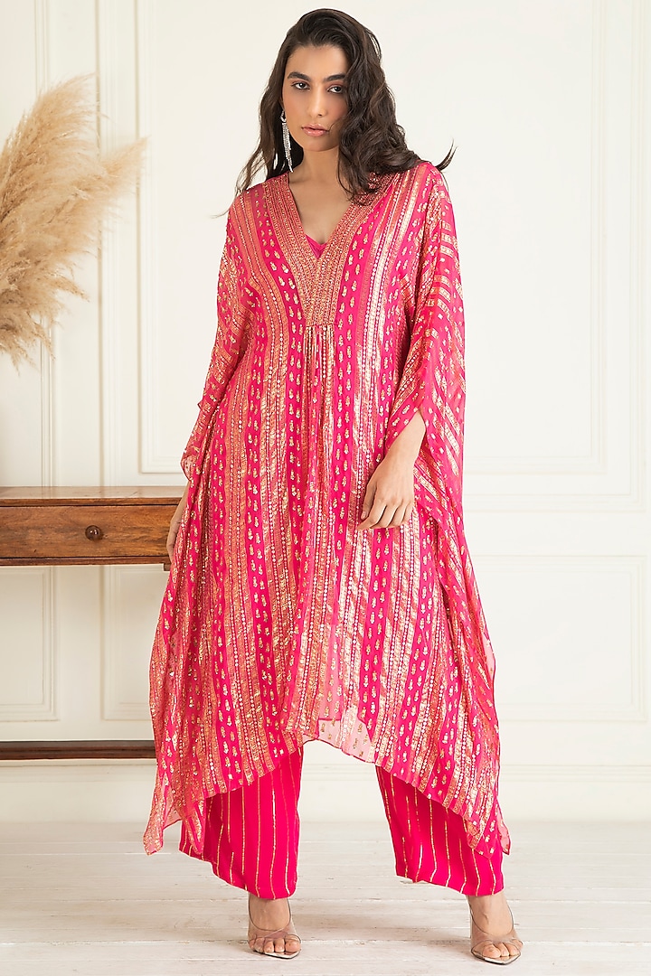 Hot Pink Lurex Georgette Embroidered Kaftan Set by Priyanka Jain at Pernia's Pop Up Shop