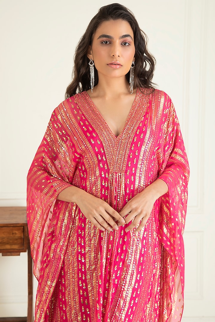 Hot Pink Lurex Georgette Embroidered Kaftan Set by Priyanka Jain at Pernia's Pop Up Shop
