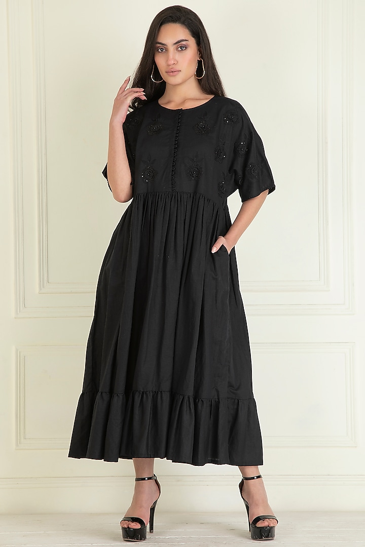 Black Cotton Linen Embroidered Maxi Dress by Priyanka Jain Pret