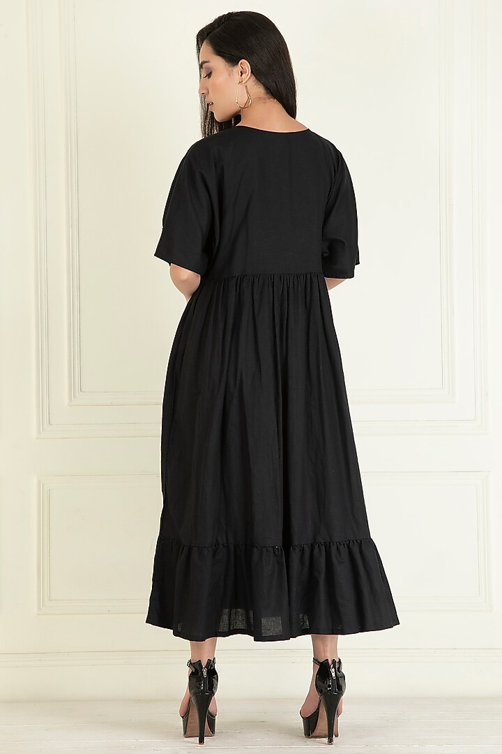 Black Cotton Linen Embroidered Maxi Summer Dress by Priyanka Jain at Pernia's Pop Up Shop