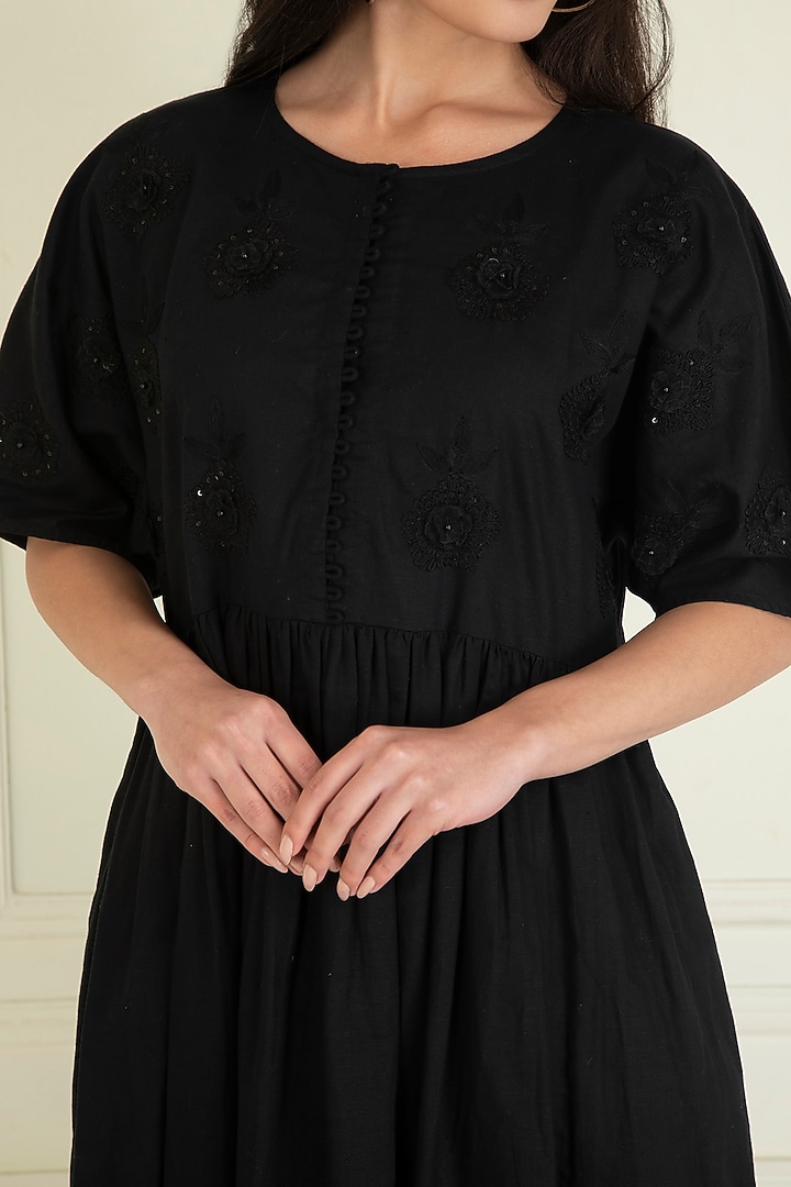 Black Cotton Linen Embroidered Maxi Summer Dress by Priyanka Jain at Pernia's Pop Up Shop