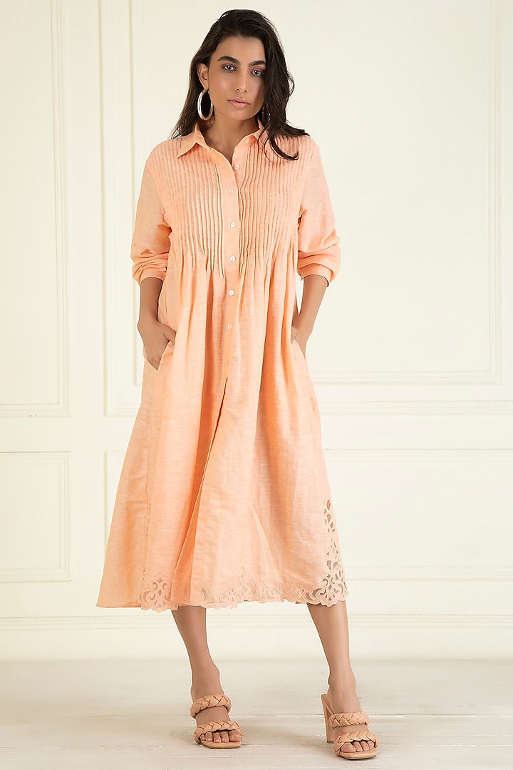 Peach Orange Cotton Linen Shirt Dress by Priyanka Jain Pret