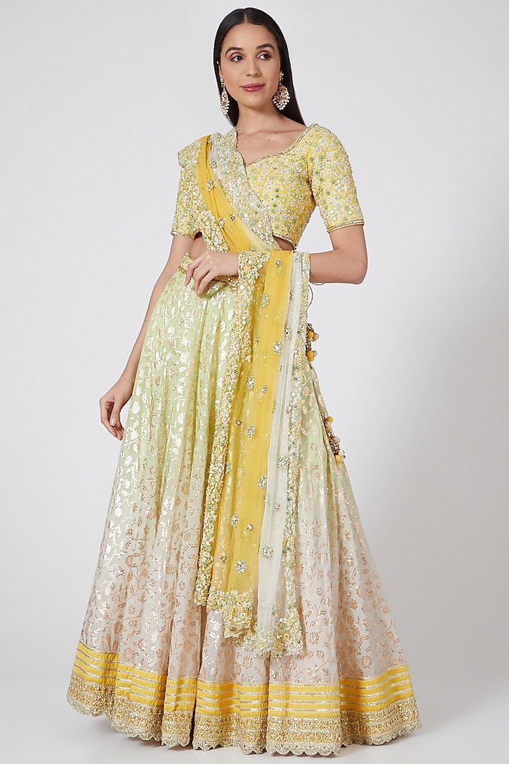 Yellow Ombre Embroidered Lehenga Set by Priyanka Jain