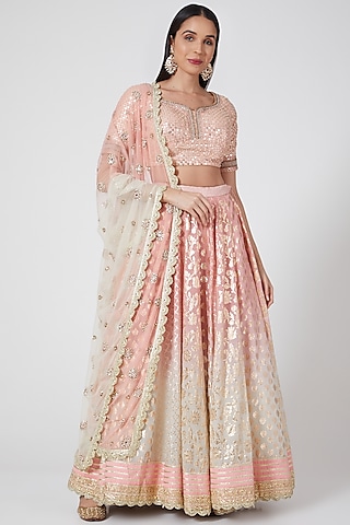Peach Ombre Embroidered Lehenga Set by Priyanka Jain