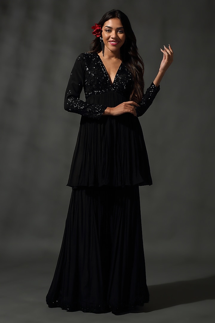 Black Sheesha Silk Hand Embroidered Wedding Sharara Set by Priyanka Jain at Pernia's Pop Up Shop
