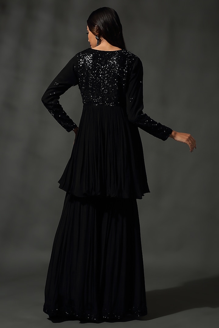 Black Sheesha Silk Hand Embroidered Wedding Sharara Set by Priyanka Jain at Pernia's Pop Up Shop