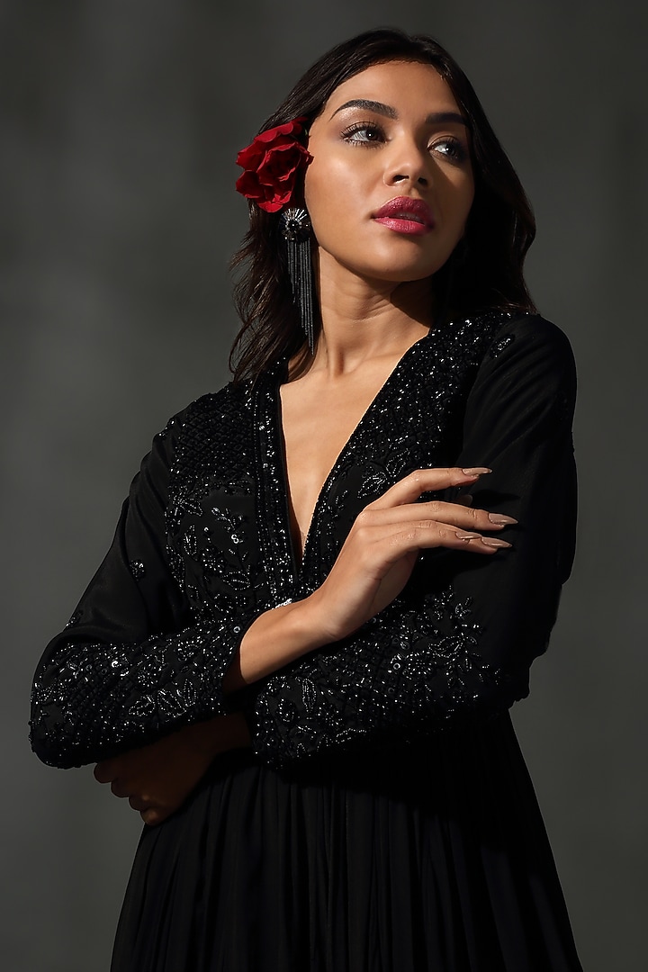 Black Sheesha Silk Hand Embroidered Wedding Sharara Set by Priyanka Jain at Pernia's Pop Up Shop