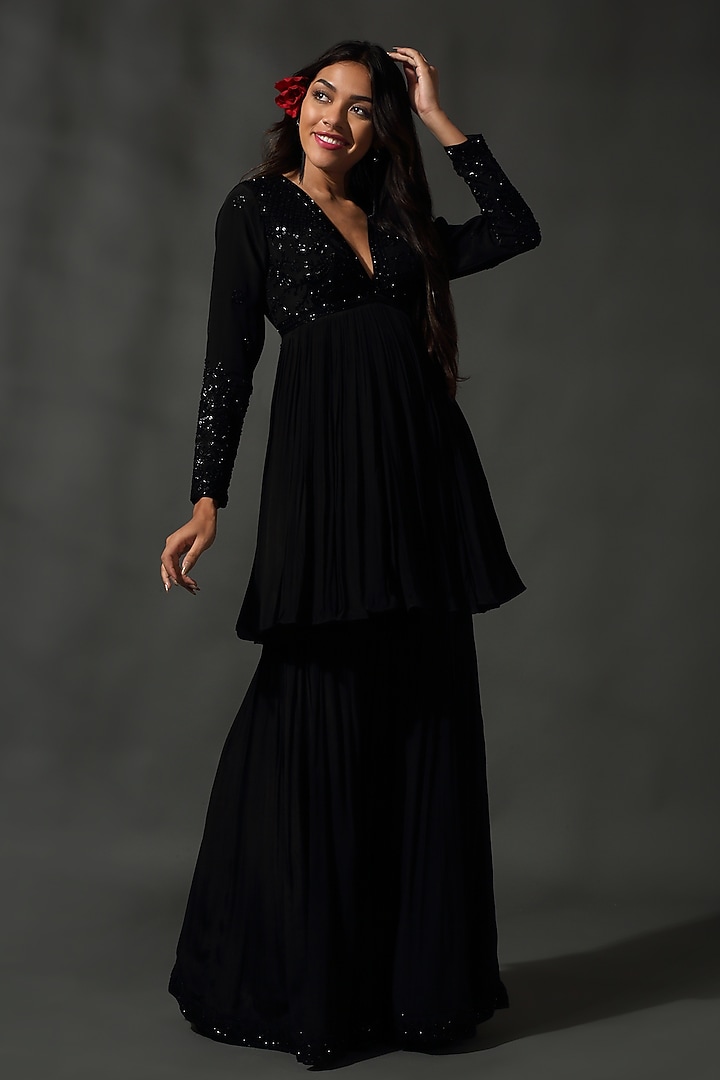 Black Sheesha Silk Hand Embroidered Wedding Sharara Set by Priyanka Jain at Pernia's Pop Up Shop