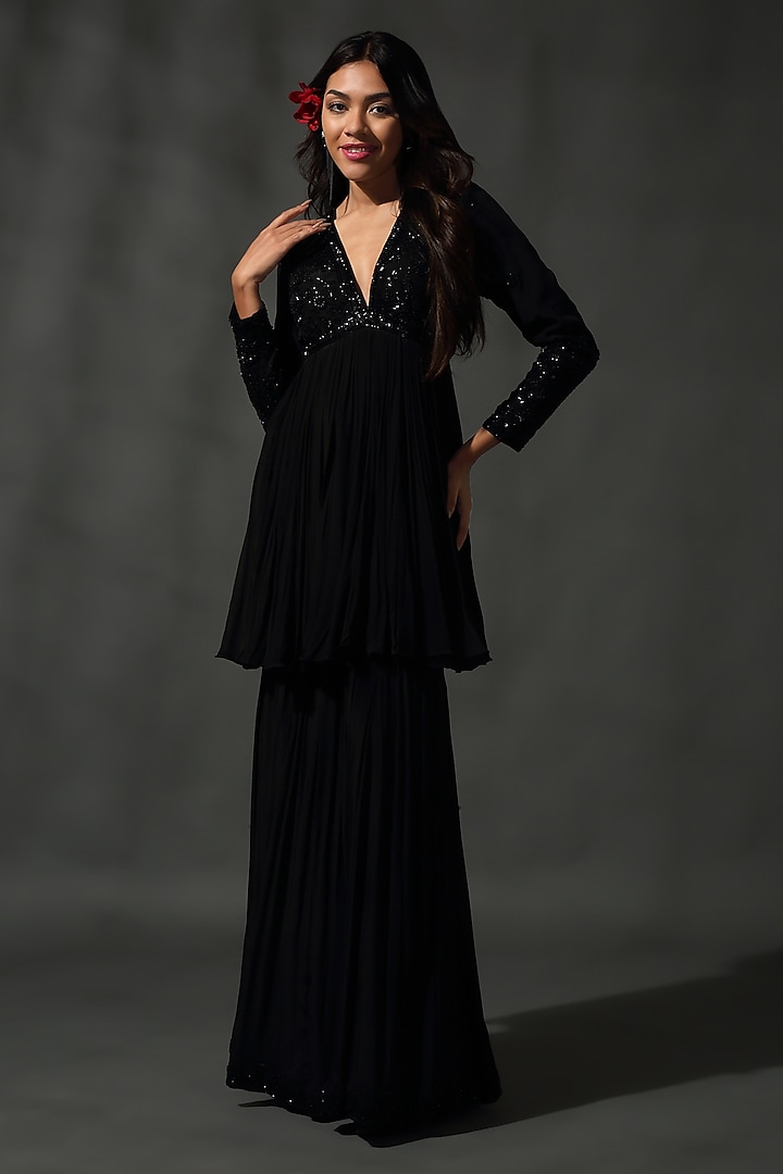 Black Sheesha Silk Hand Embroidered Wedding Sharara Set by Priyanka Jain at Pernia's Pop Up Shop