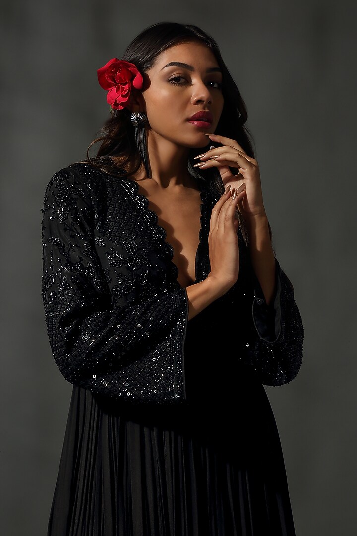 Black Sheesha Silk Sequins & Beads Hand Embroidered Wedding Anarkali Set by Priyanka Jain at Pernia's Pop Up Shop