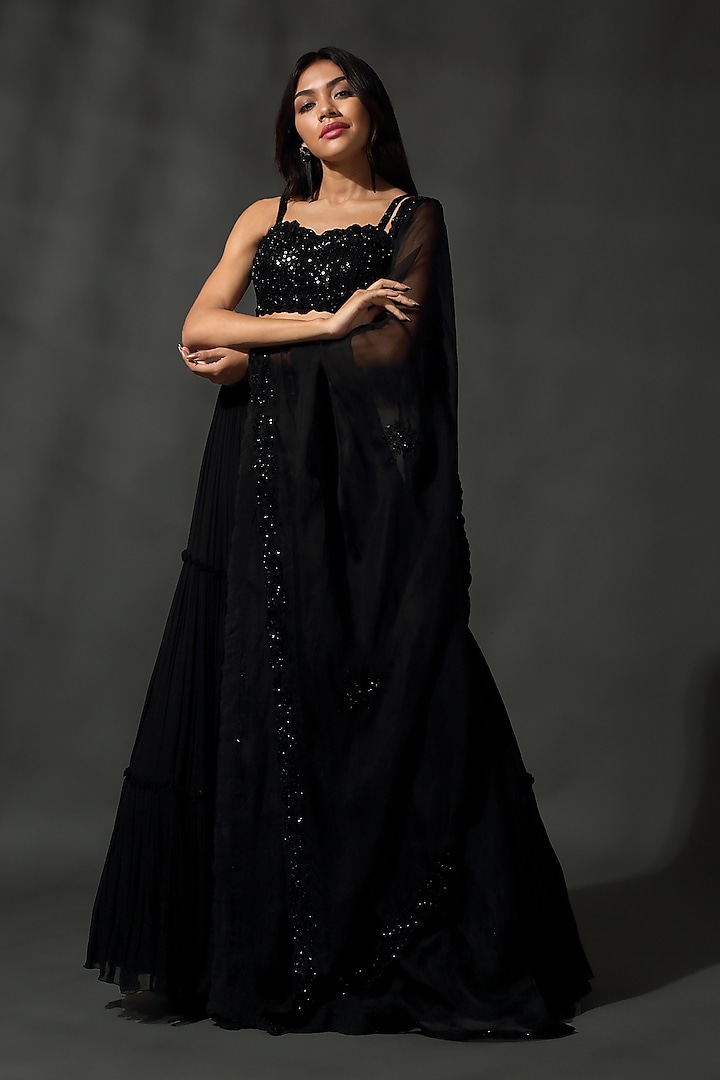Black Georgette Sequins & Beads Hand Embroidered Lehenga Set by Priyanka Jain