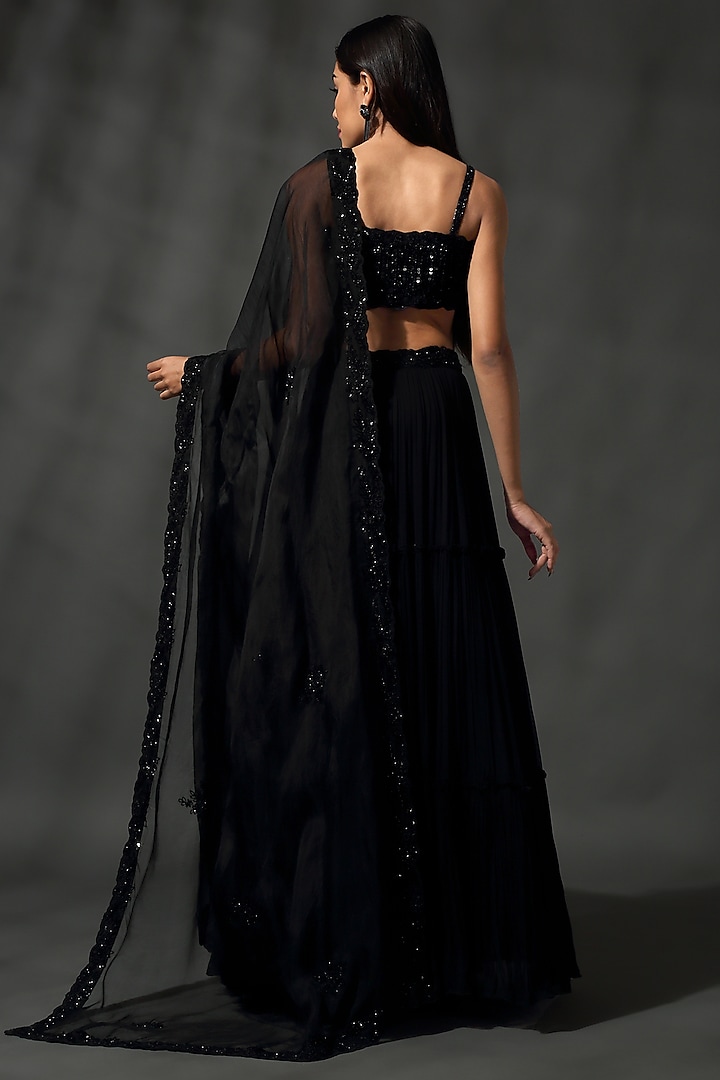 Black Georgette Sequins & Beads Hand Embroidered Wedding Lehenga Set by Priyanka Jain at Pernia's Pop Up Shop