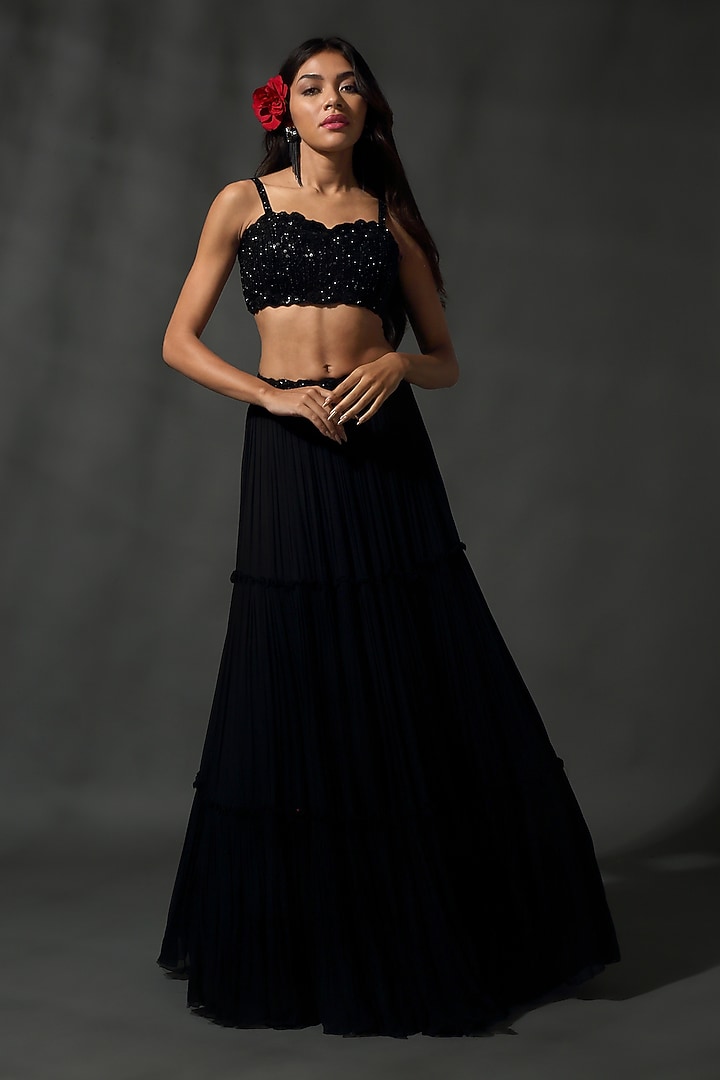 Black Georgette Sequins & Beads Hand Embroidered Wedding Lehenga Set by Priyanka Jain at Pernia's Pop Up Shop