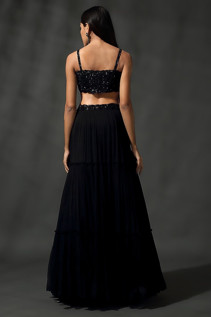 Black Georgette Sequins & Beads Hand Embroidered Wedding Lehenga Set by Priyanka Jain at Pernia's Pop Up Shop
