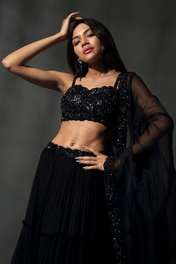 Black Georgette Sequins & Beads Hand Embroidered Wedding Lehenga Set by Priyanka Jain at Pernia's Pop Up Shop