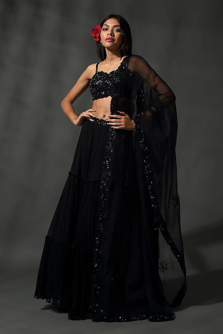 Black Georgette Sequins & Beads Hand Embroidered Wedding Lehenga Set by Priyanka Jain at Pernia's Pop Up Shop