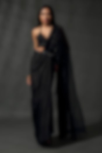 Black Sheesha Silk & Organza Draped Saree Set by Priyanka Jain at Pernia's Pop Up Shop