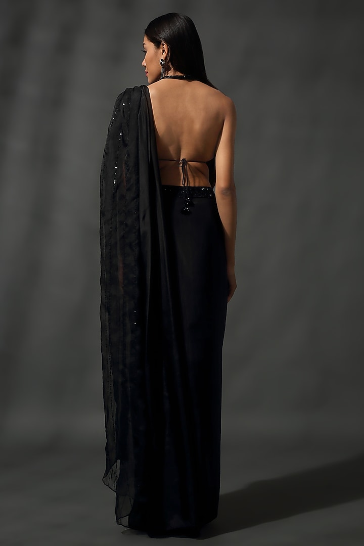 Black Sheesha Silk & Organza Draped Wedding Saree Set by Priyanka Jain at Pernia's Pop Up Shop