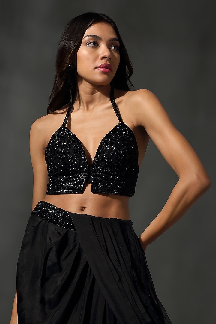 Black Sheesha Silk & Organza Draped Wedding Saree Set by Priyanka Jain at Pernia's Pop Up Shop