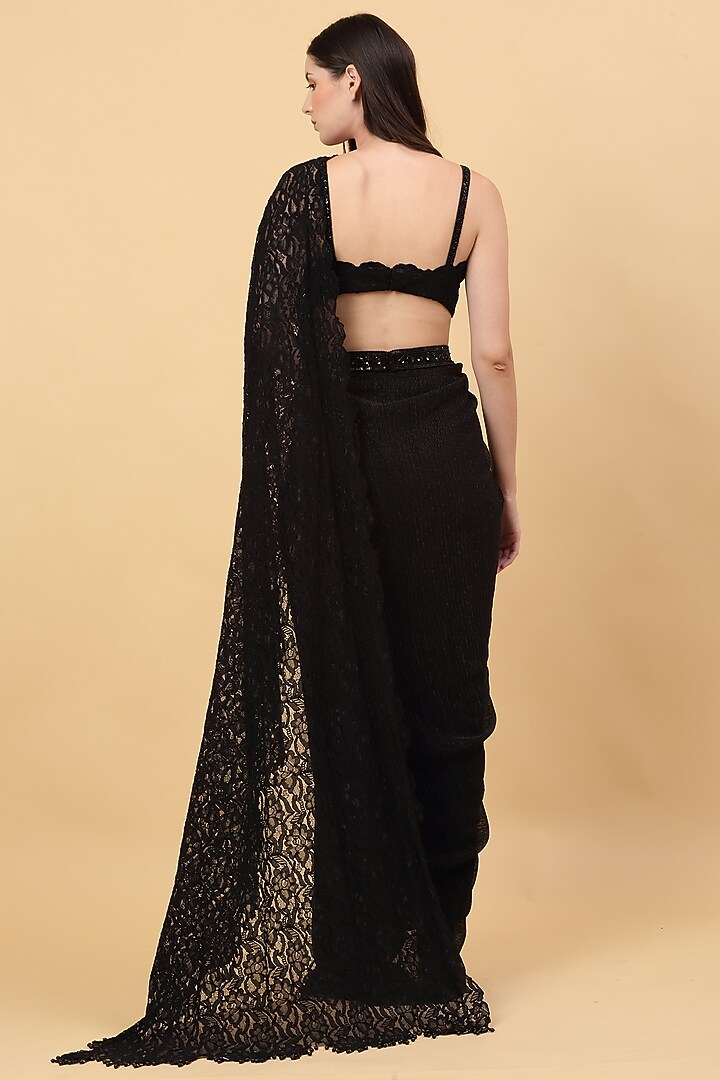 Black Nylon Structured Lace Draped Wedding Saree Set by Priyanka Jain at Pernia's Pop Up Shop