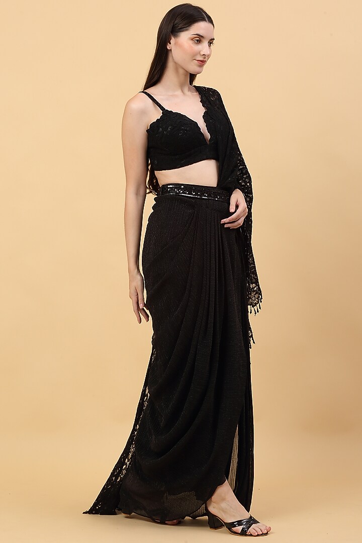 Black Nylon Structured Lace Draped Wedding Saree Set by Priyanka Jain at Pernia's Pop Up Shop