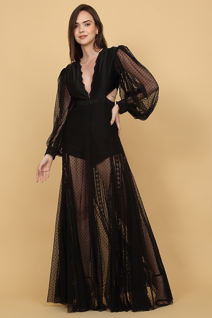 Black Nylon Structured Lace Embellished Engagement Gown by Priyanka Jain at Pernia's Pop Up Shop