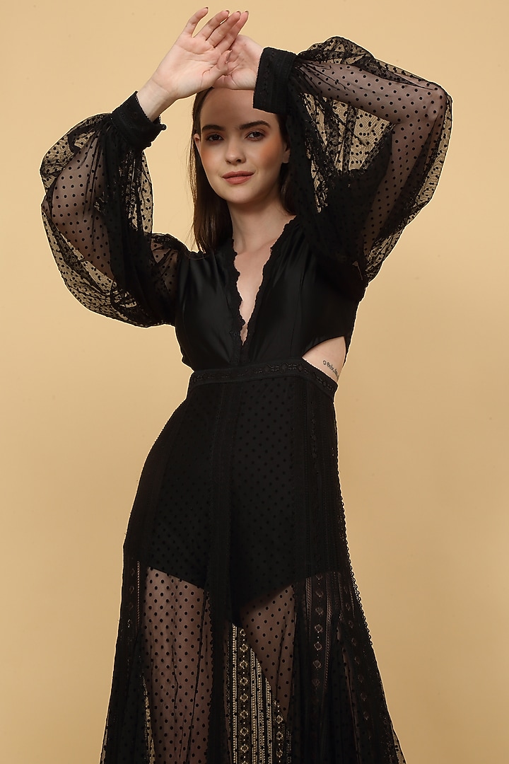 Black Nylon Structured Lace Embellished Engagement Gown by Priyanka Jain at Pernia's Pop Up Shop