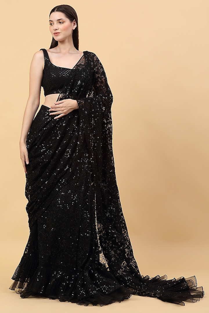 Black Net Sequins & Beads Embroidered Pre-Stitched Saree Set by Priyanka Jain at Pernia's Pop Up Shop