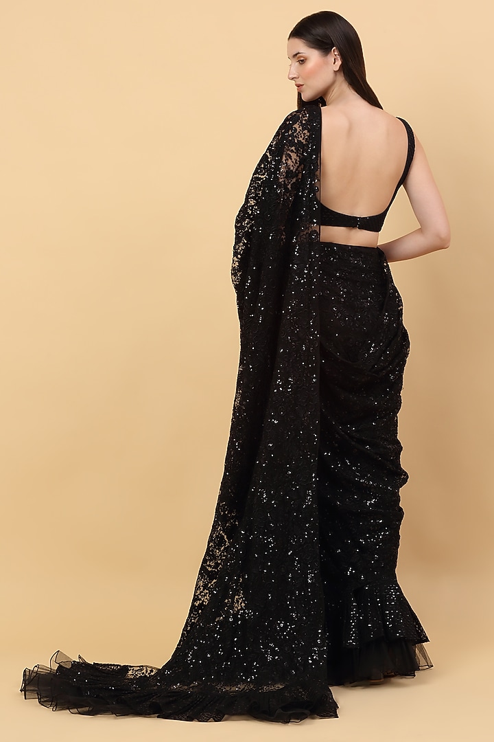 Black Net Sequins & Beads Embroidered Pre-Stitched Wedding Saree Set by Priyanka Jain at Pernia's Pop Up Shop