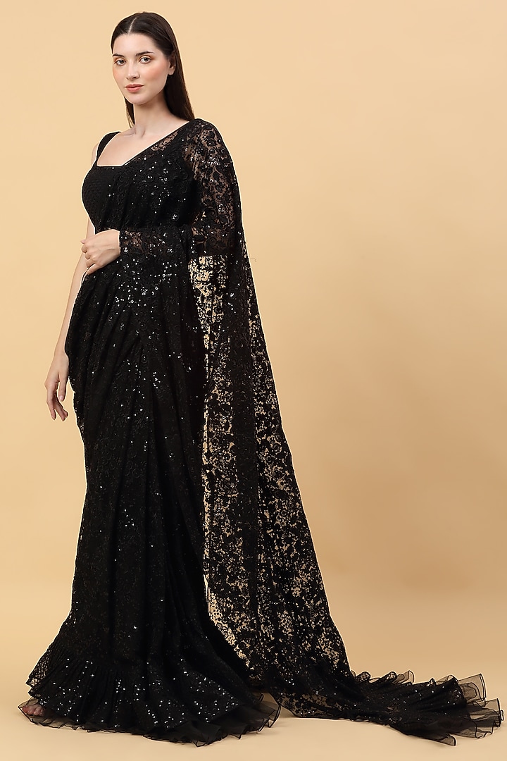 Black Net Sequins & Beads Embroidered Pre-Stitched Wedding Saree Set by Priyanka Jain at Pernia's Pop Up Shop