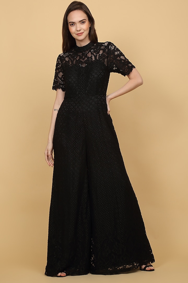 Black Lace Embroidered Jumpsuit by Priyanka Jain