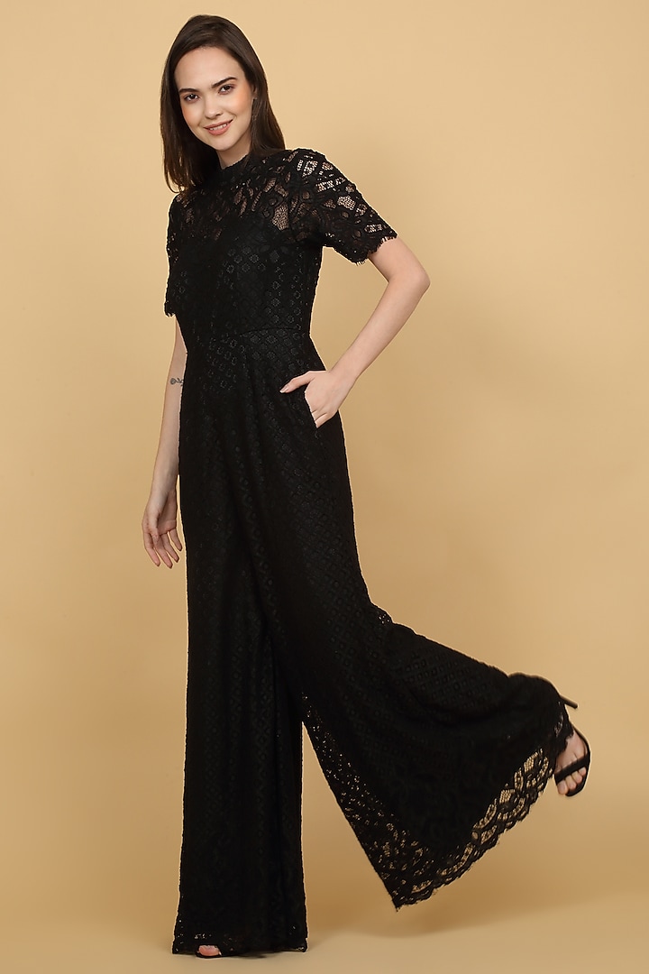Black Lace Embroidered Jumpsuit by Priyanka Jain at Pernia's Pop Up Shop