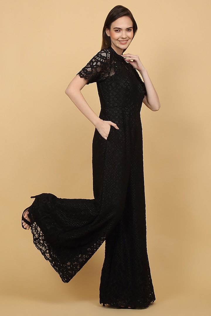 Black Lace Embroidered Jumpsuit by Priyanka Jain at Pernia's Pop Up Shop