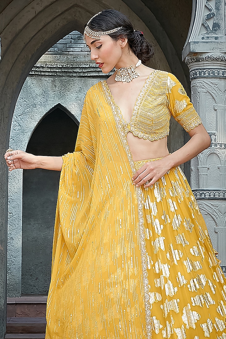 Yellow Georgette Hand Embroidered Wedding Lehenga Set by Priyanka Jain at Pernia's Pop Up Shop