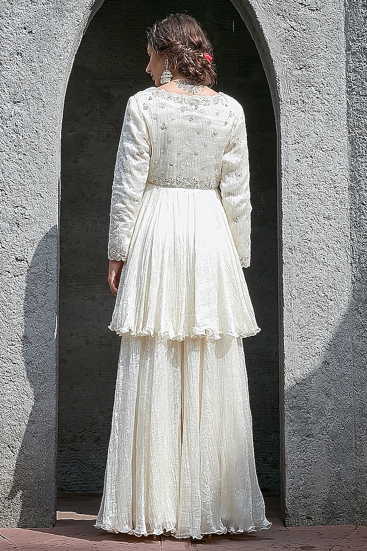 Ivory Crinkle Silk Wedding Sharara Set by Priyanka Jain at Pernia's Pop Up Shop