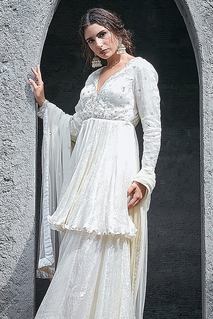 Ivory Crinkle Silk Wedding Sharara Set by Priyanka Jain at Pernia's Pop Up Shop