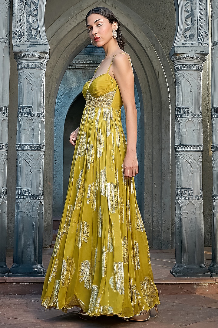 Olive Lurex Wedding Anarkali Set by Priyanka Jain at Pernia's Pop Up Shop