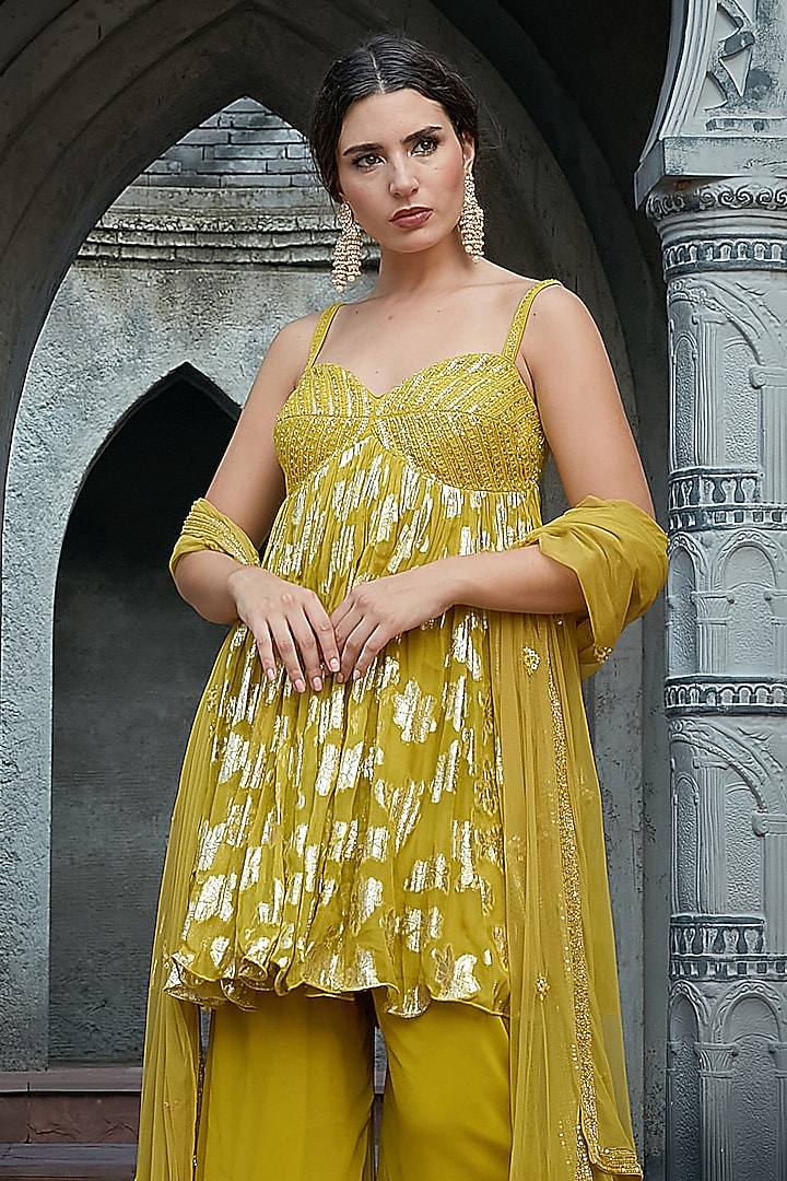 Olive Lurex Wedding Sharara Set by Priyanka Jain at Pernia's Pop Up Shop