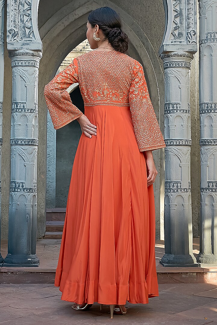 Rust Crepe Hand Embroidered Wedding Anarkali Set by Priyanka Jain at Pernia's Pop Up Shop
