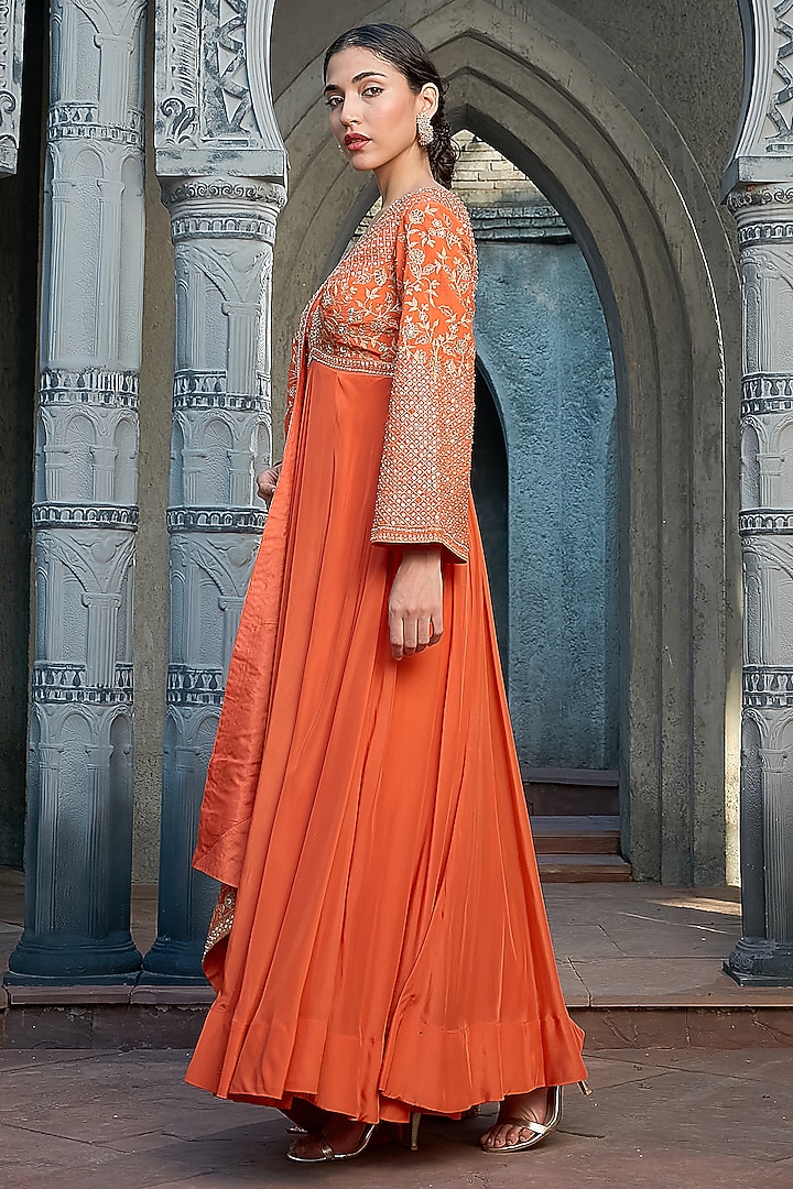 Rust Crepe Hand Embroidered Wedding Anarkali Set by Priyanka Jain at Pernia's Pop Up Shop