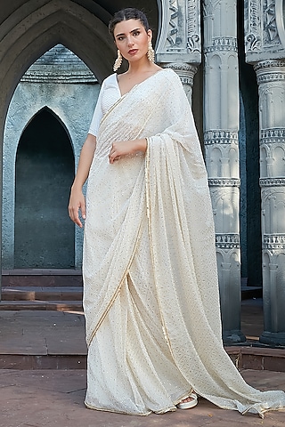 Ivory Georgette Mukaish Work Pre-Draped Saree Set by Priyanka Jain
