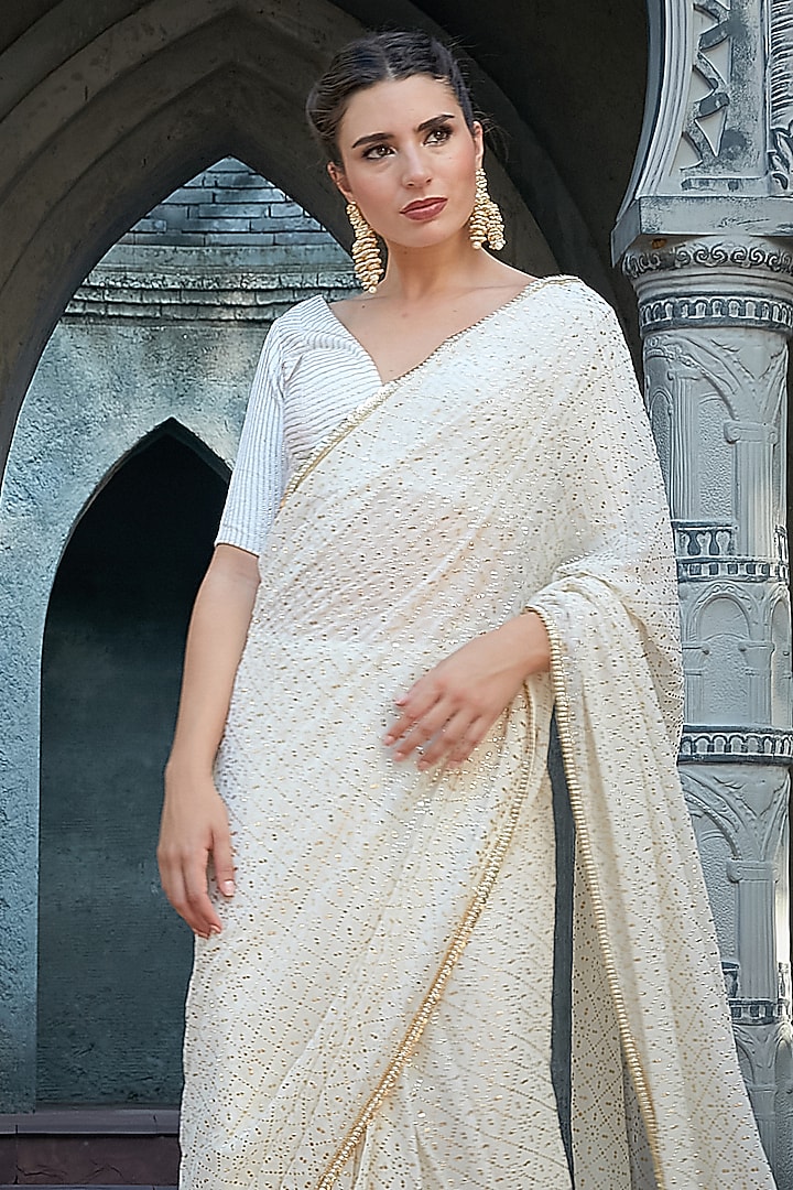 Ivory Georgette Mukaish Work Pre-Draped Wedding Saree Set by Priyanka Jain at Pernia's Pop Up Shop