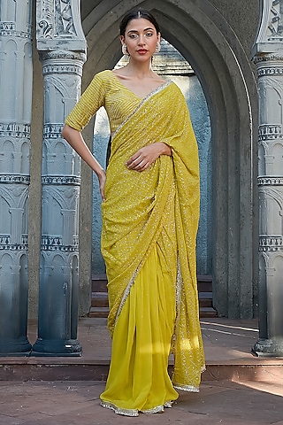 Vibrant Green Georgette Mukaish Work Pre-Draped Saree Set by Priyanka Jain