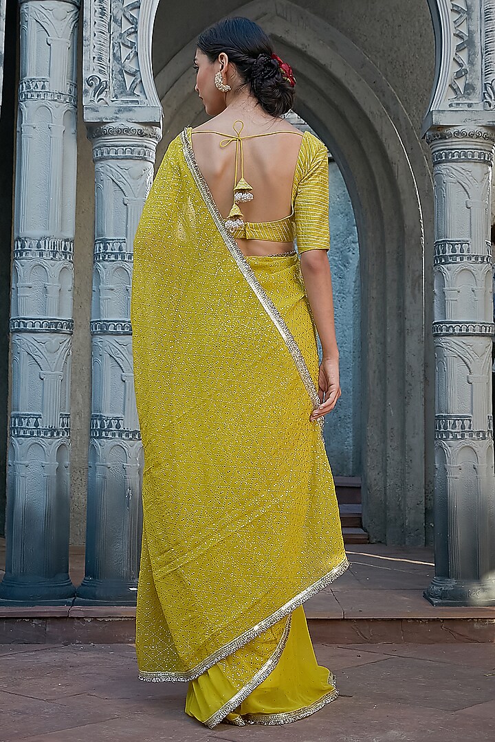 Vibrant Green Georgette Mukaish Work Pre-Draped Wedding Saree Set by Priyanka Jain at Pernia's Pop Up Shop