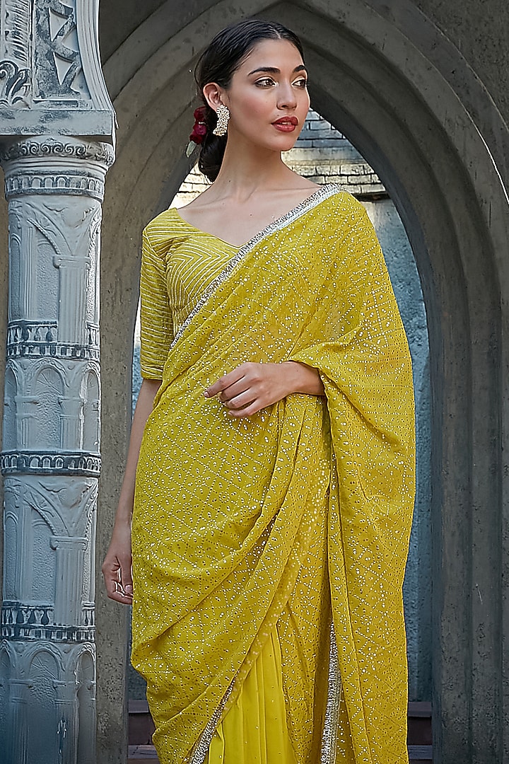Vibrant Green Georgette Mukaish Work Pre-Draped Wedding Saree Set by Priyanka Jain at Pernia's Pop Up Shop
