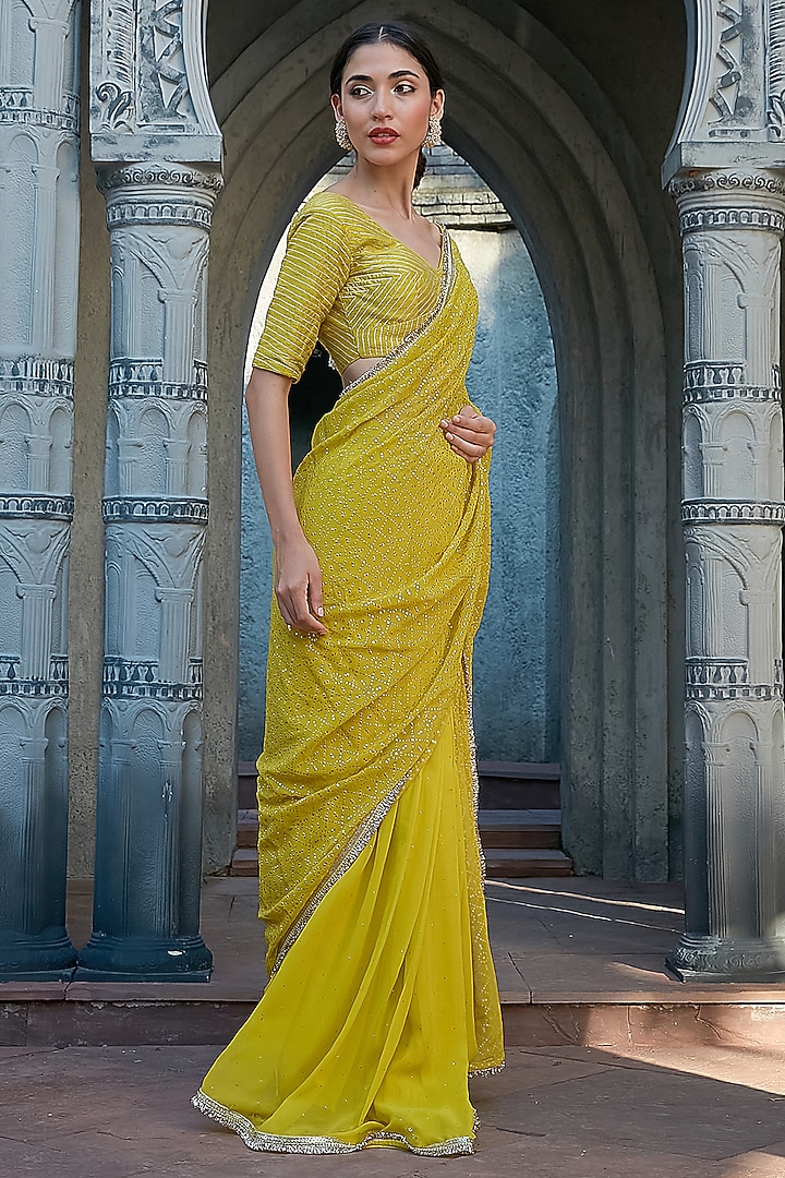 Vibrant Green Georgette Mukaish Work Pre-Draped Wedding Saree Set by Priyanka Jain at Pernia's Pop Up Shop