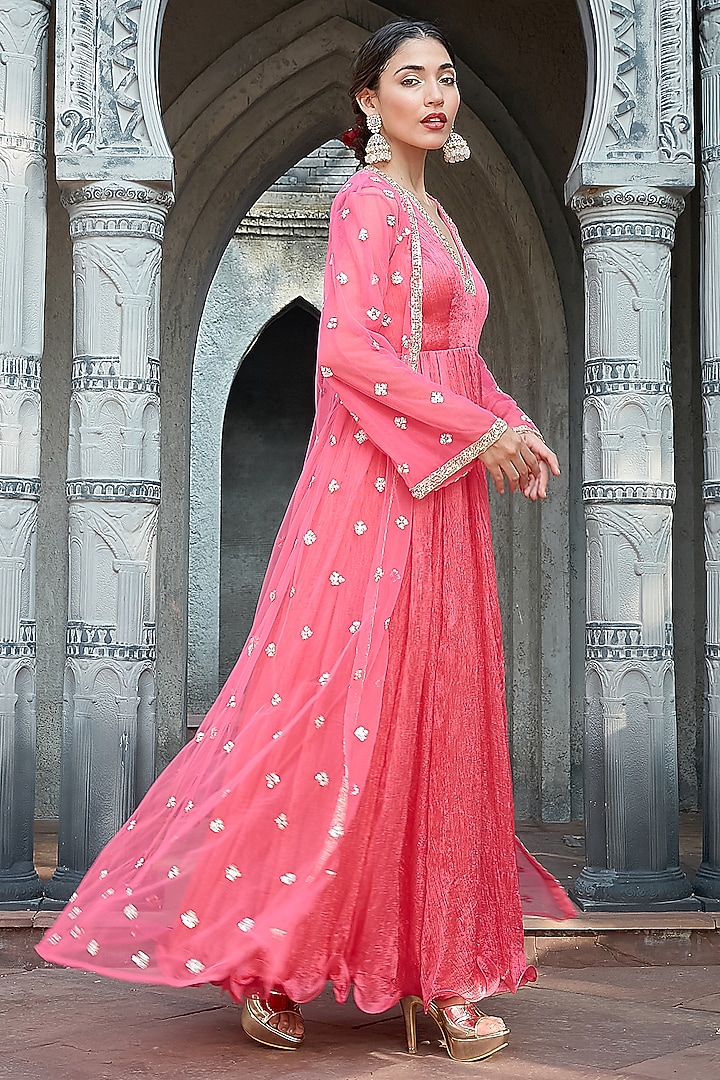 Pink Crinkle Silk Wedding Anarkali Set by Priyanka Jain at Pernia's Pop Up Shop